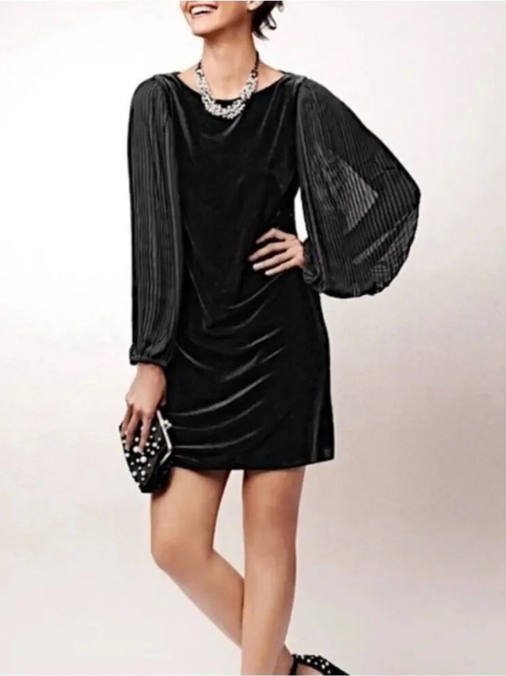 White House Black Market Black Shiffon Sleeve Velvet Shift Dress Size 4